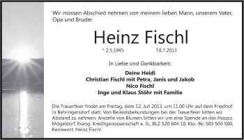 Traueranzeige von Heinz Fischl von Pegnitz-Zeitung
